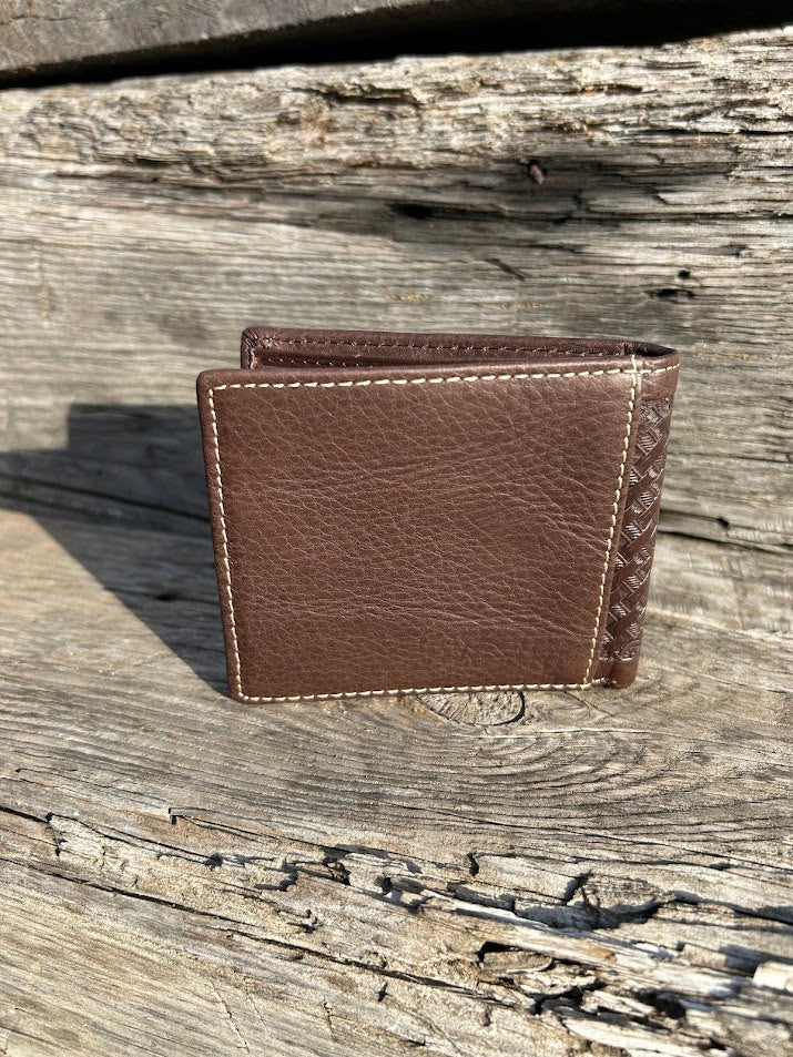 This Coffee Brown Basketweave leather bifold wallet. Rear View