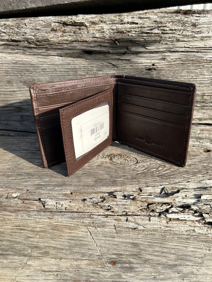 This Coffee Brown Basketweave leather bifold wallet. Inside view showing multiple card slots and a dual ID window. 