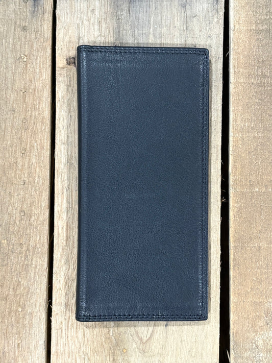 Black leather wallet on a wooden surface