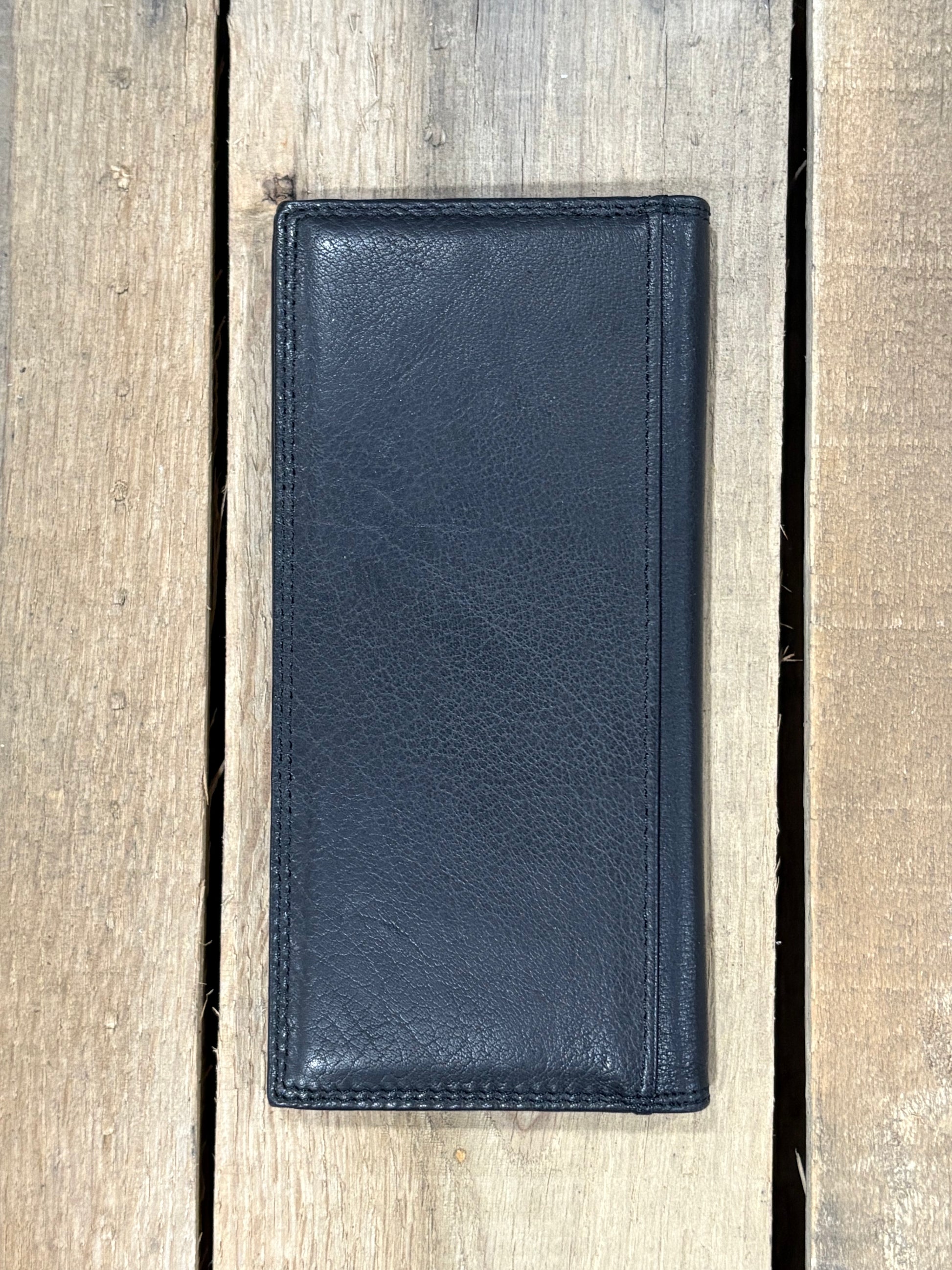 Black leather wallet on a wooden surface