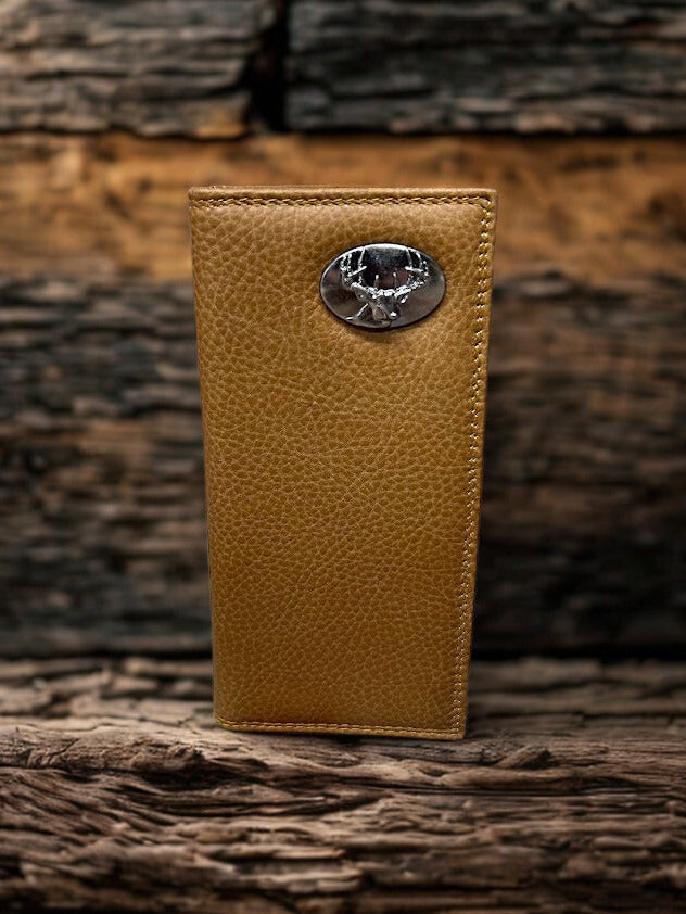Brown leather wallet with a deer head concho on a wooden surface