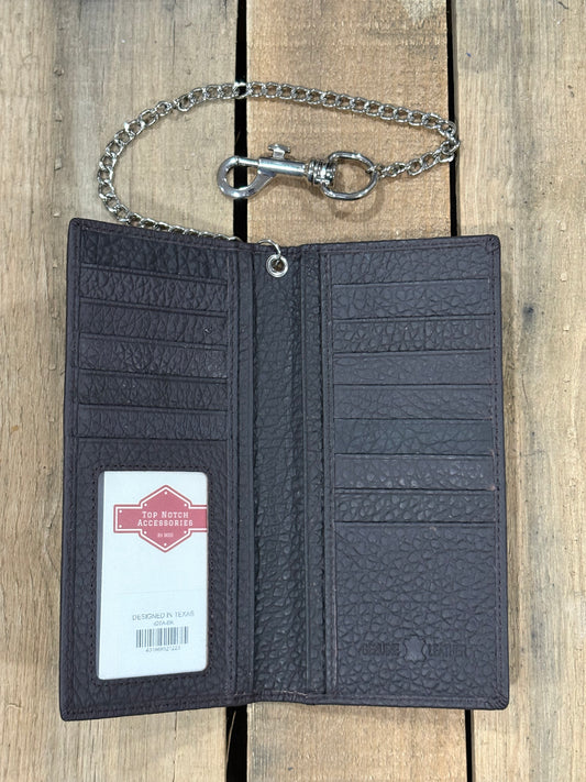 Black leather wallet with chain on a wooden surface