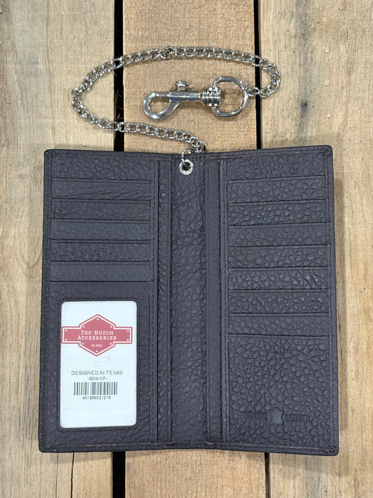 Coffee Brown leather wallet with chain on a wooden surface