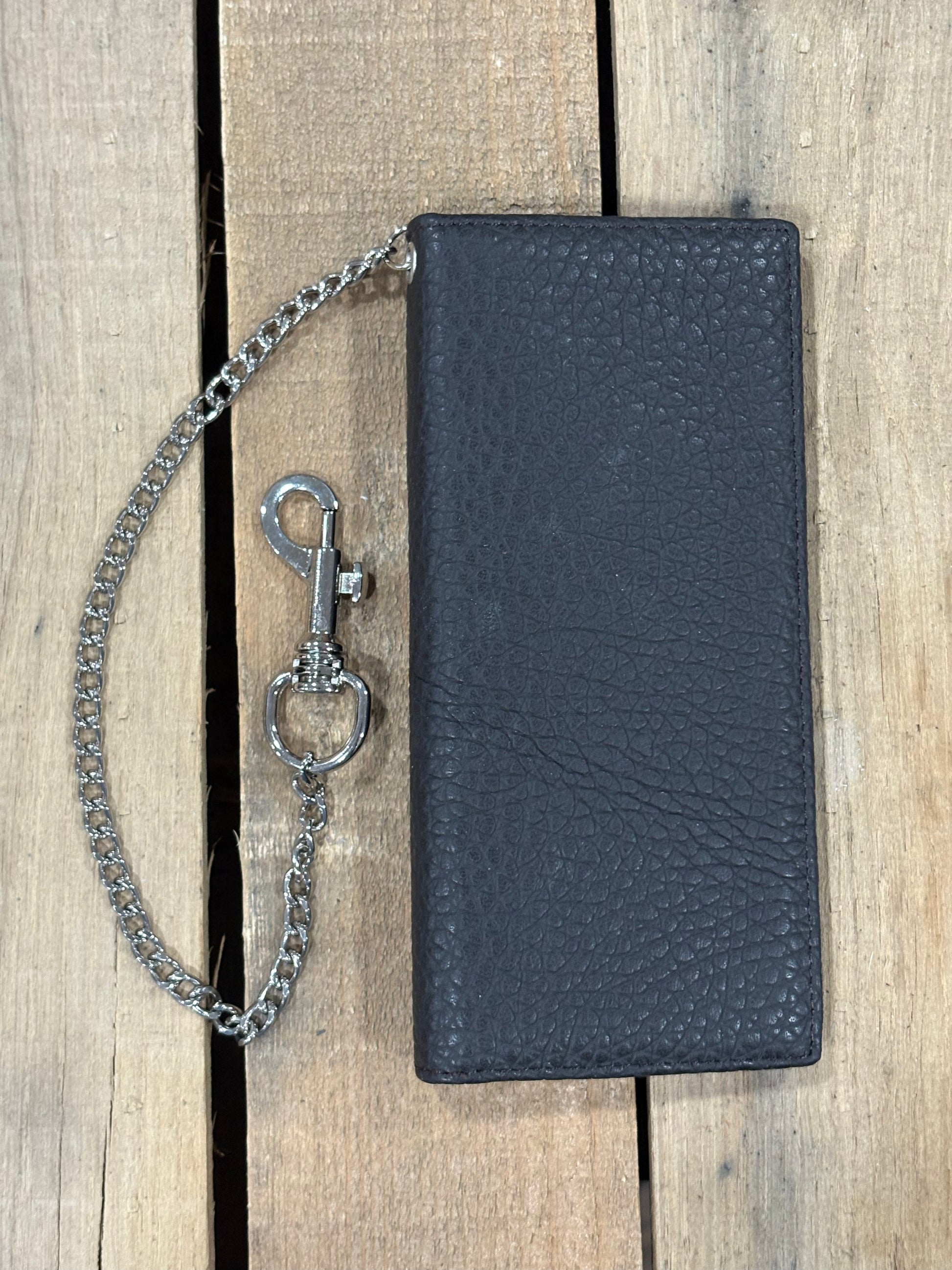 Coffee Brown leather wallet with chain on a wooden surface
