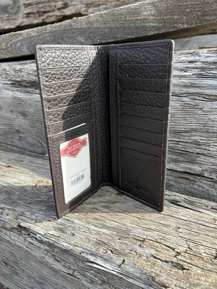 Coffee Brown leather wallet with a visible brand label on a wooden surface