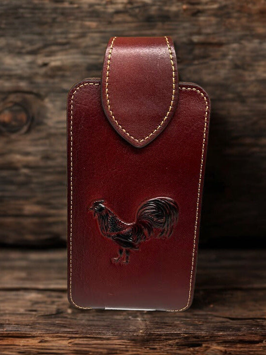 Brown leather phone case with embossed rooster design. Front View