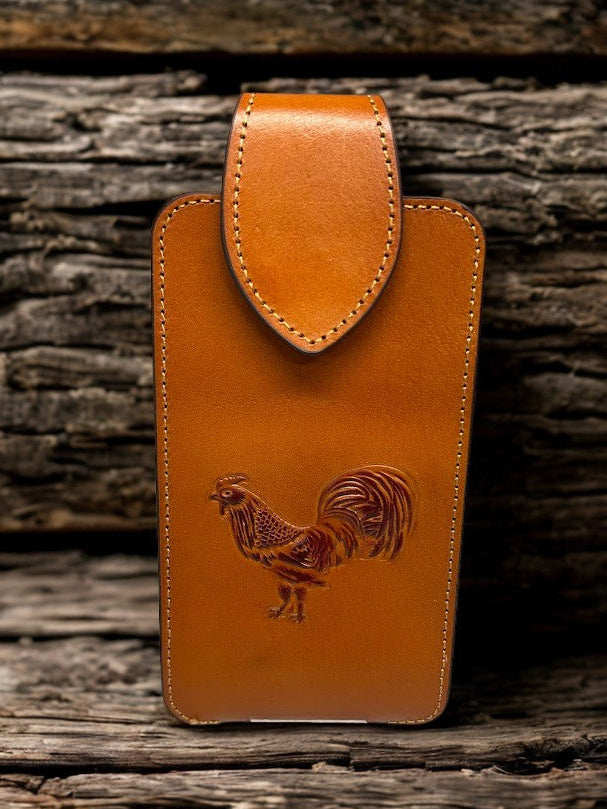 Light Brown leather phone case with a embossed rooster design. Front View