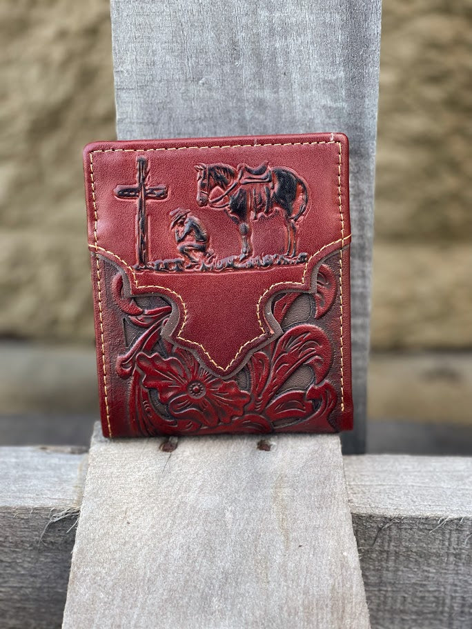 Brown bifold wallet with a Brown inlay and a embossed Praying Cowboy design. Front View