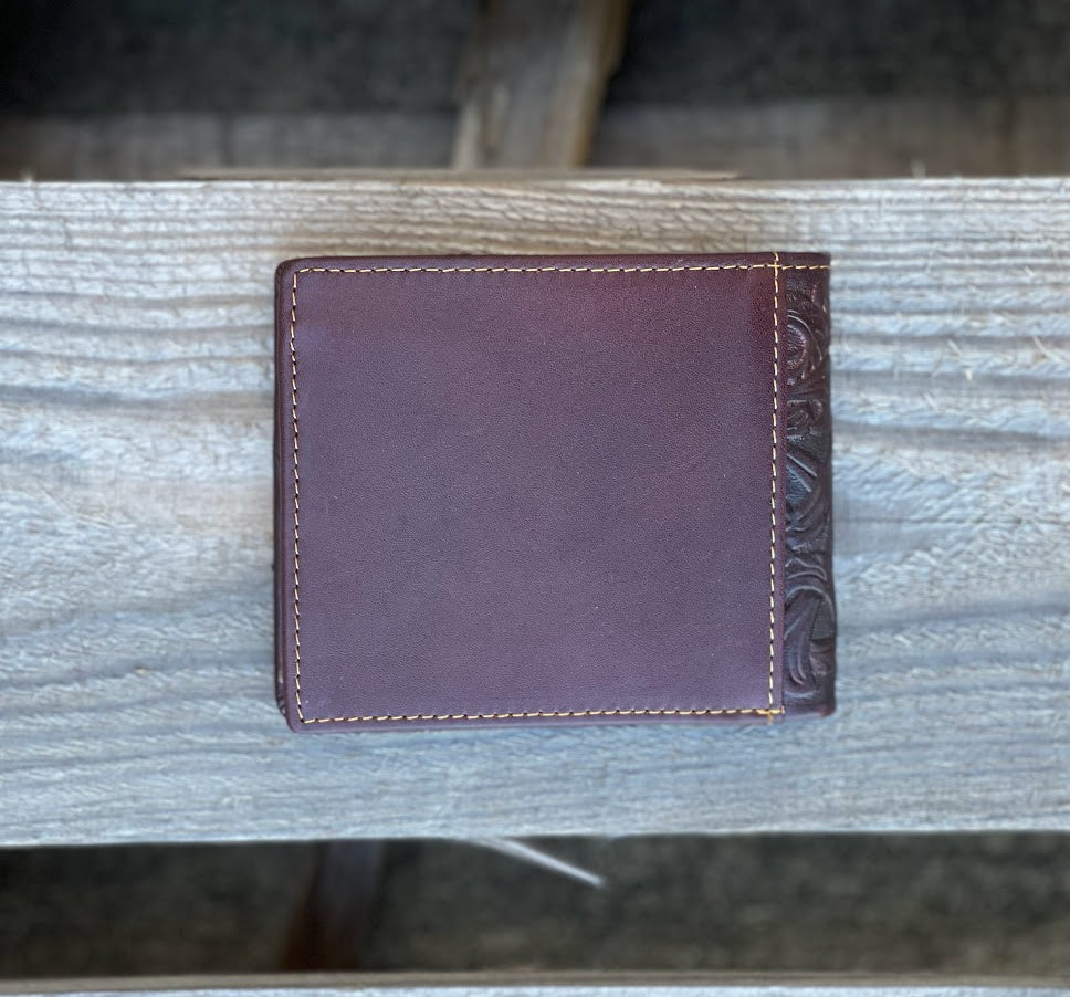 Coffee Brown leather bifold wallet. Rear View
