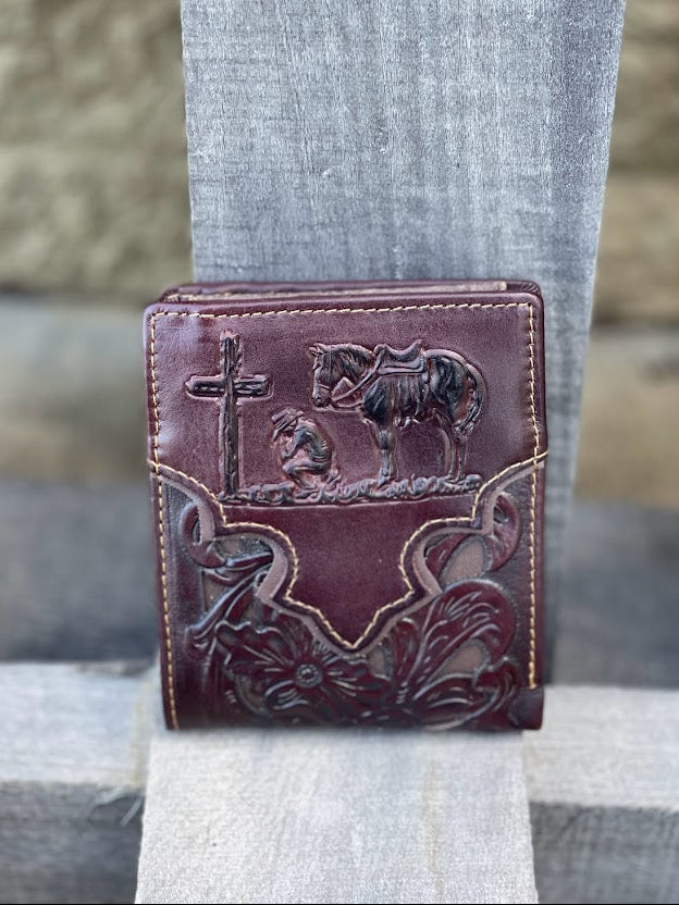 Coffee Brown leather bifold wallet with Brown inlay and a embossed Praying Cowboy design. Front View