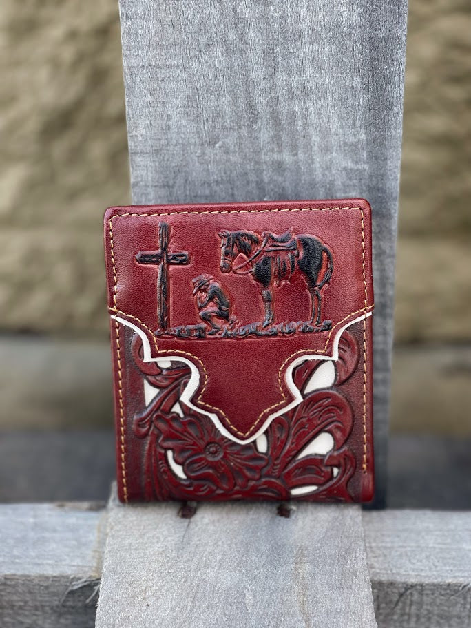 Brown bifold leather wallet with Beige inlay featuring a embossed Praying Cowboy design. Front View
