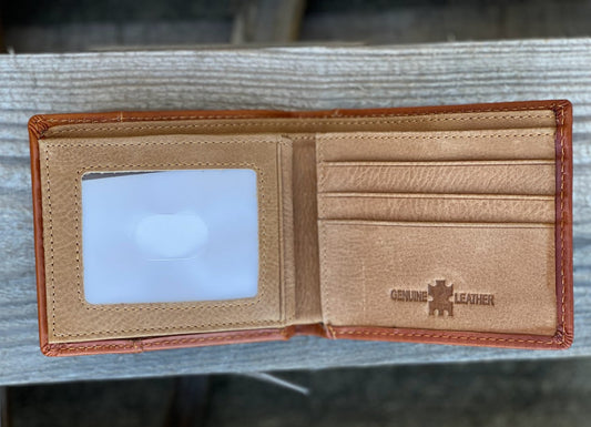 A light brown bifold leather. Inside view showing card slots and ID window. 