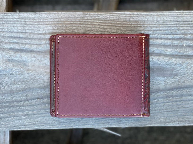 Design on Brown Leather Bifold Wallet with Turquoise Inlay. Rear View