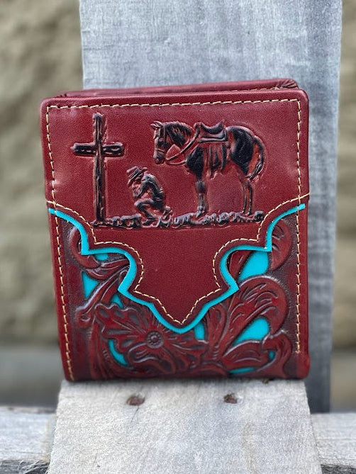 This Brown leather bifold wallet has a Turquoise inlay with a embossed Praying Cowboy design. Front View
