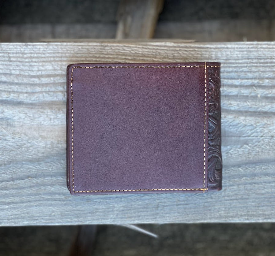 Top Notch Accessories Embossed Praying Cowboy Design on Coffee Brown Leather Bifold Wallet with Turquoise Inlay. Rear View