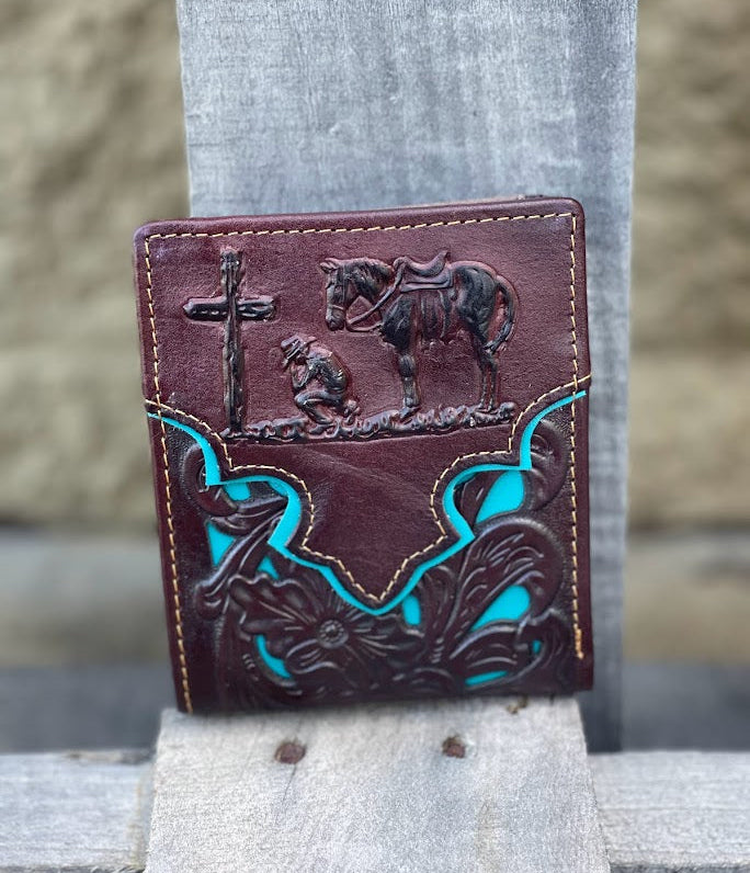 Coffee Brown bifold leather wallet with a turquoise inlay, featuring a embossed Praying Cowboy design. Front View