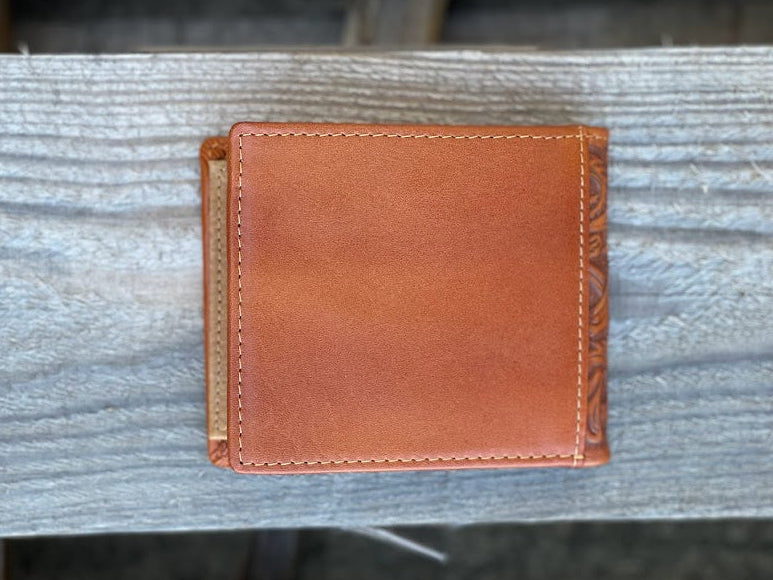 Light Brown and Turquoise inlay leather bifold wallet with embossed Praying Cowboy design. Rear View