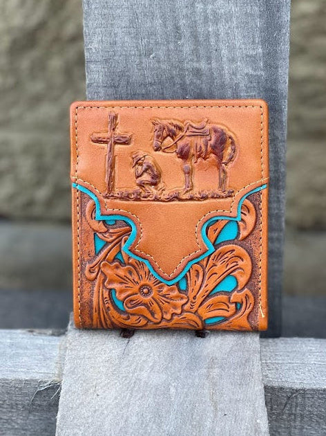 Light Brown and Turquoise inlay leather bifold wallet with embossed Praying Cowboy design. Front View