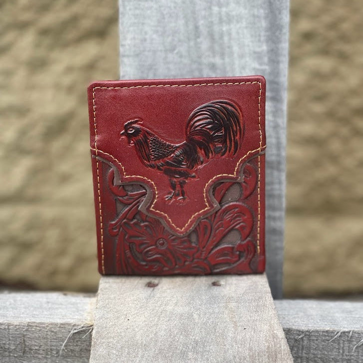 Brown leather bifold wallet with embossed Rooster design and a brown inlay. Front View