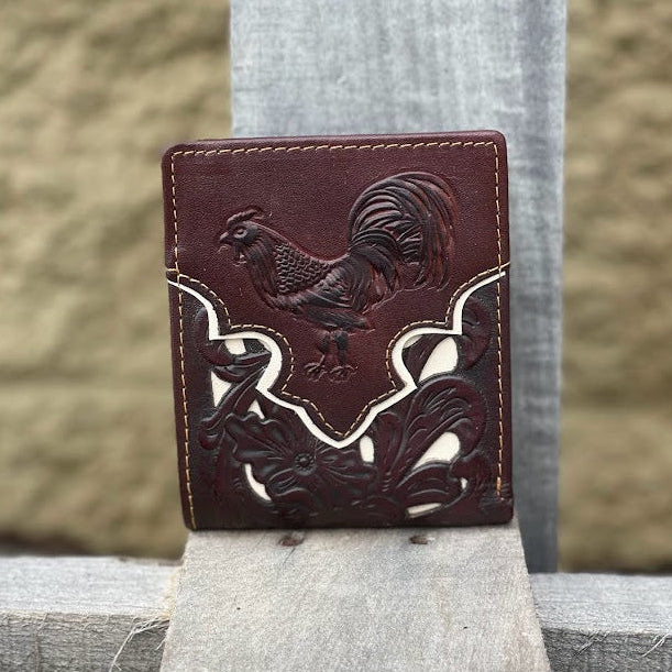 Brown leather bifold wallet with a beige inlay and a embossed Rooster design. Front View