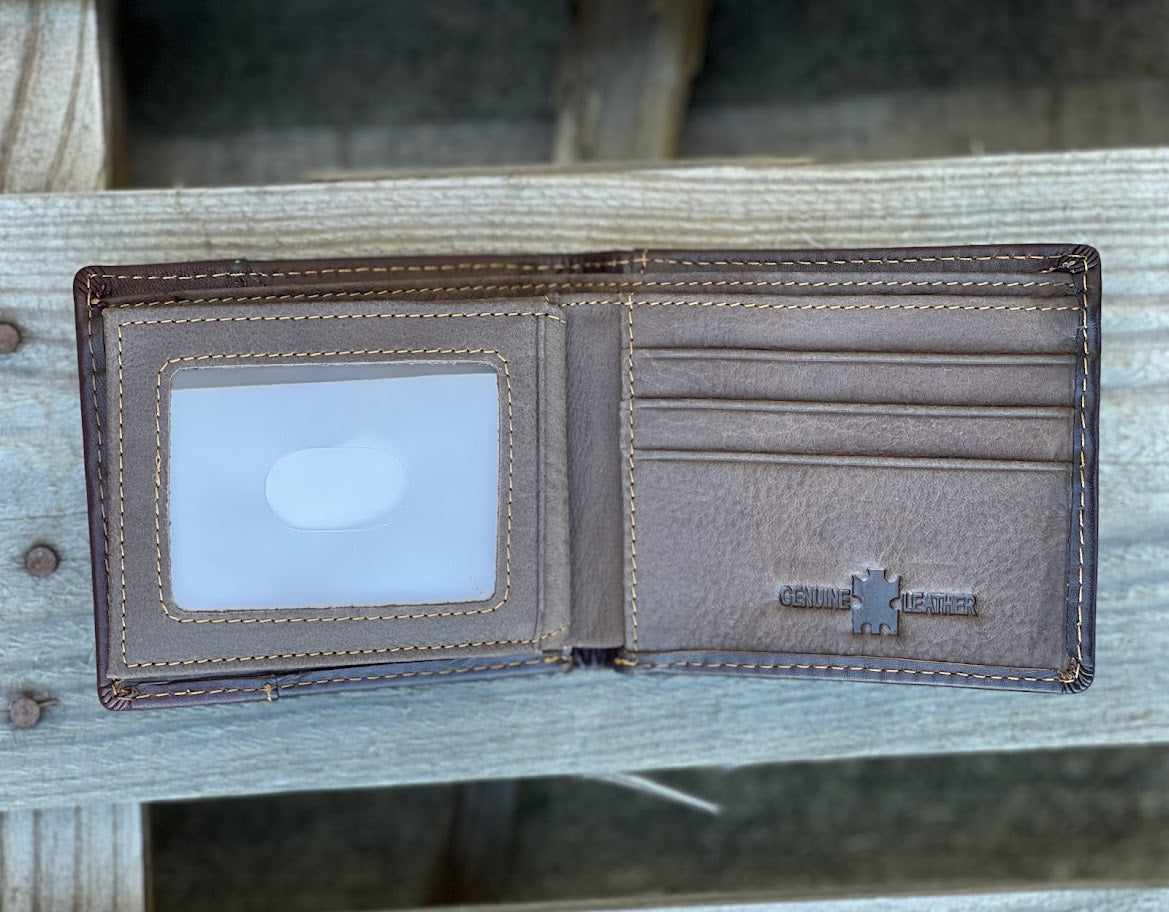 Coffee Brown leather bifold wallet. Inside view showing multiple card slots and a dual ID window. 