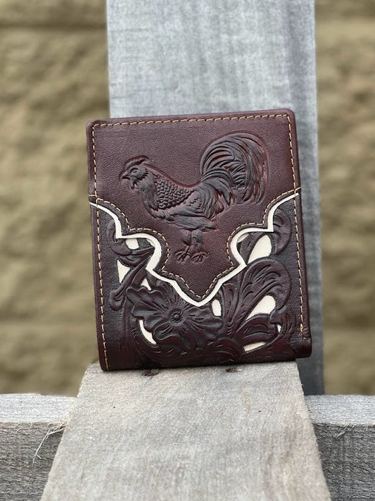 Coffee Brown leather bifold wallet with embossed Rooster design and a beige inlay. Front View 