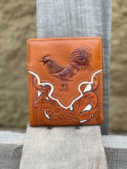 Light Brown bifold leather wallet with embossed Rooster design and a beige inlay. Front View