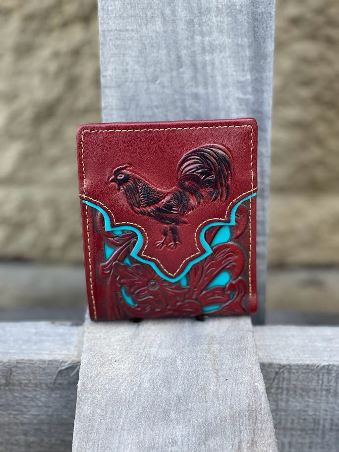 Brown leather bifold wallet with a turquoise inlay and a embossed rooster design on the front. Front View 