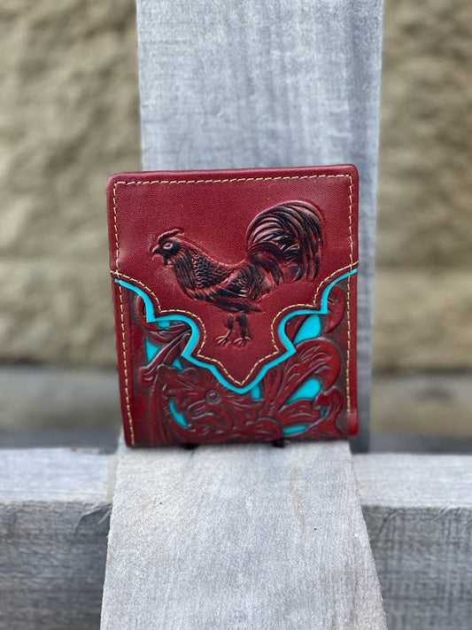 Brown leather bifold wallet with a turquoise inlay and a embossed rooster design on the front. Front View 