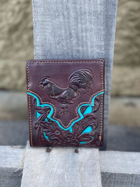 Coffee Brown leather bifold wallet with Turquoise inlay featuring a embossed Rooster Design. Front View