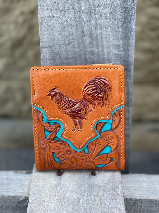 Light brown bifold wallet with a embossed Rooster design and turquoise inlay under tooled leather. Front View