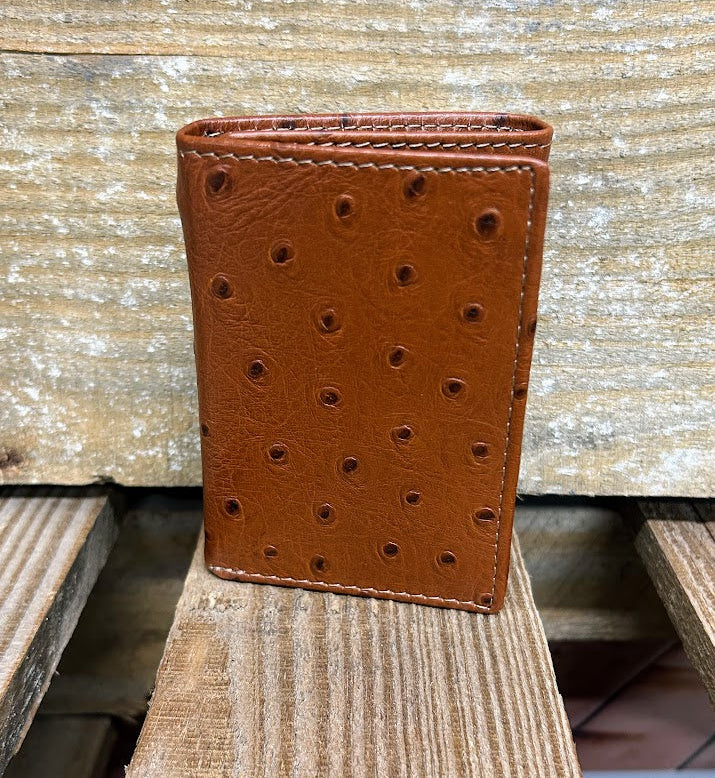 Ostrich print brown leather trifold wallet from Top Notch Accessories.  Front View