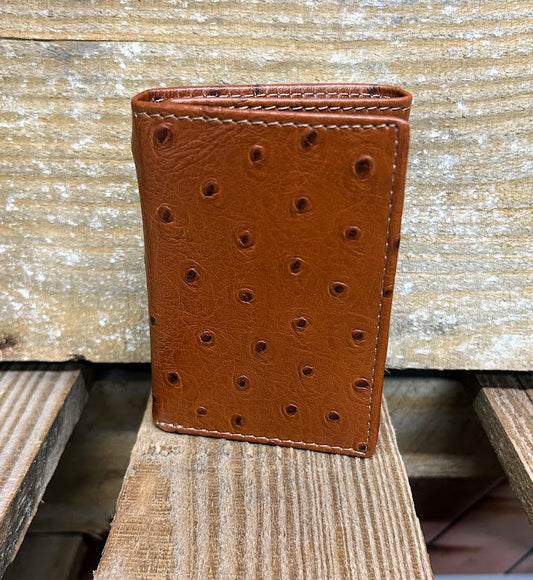 Ostrich print brown leather trifold wallet from Top Notch Accessories.  Front View