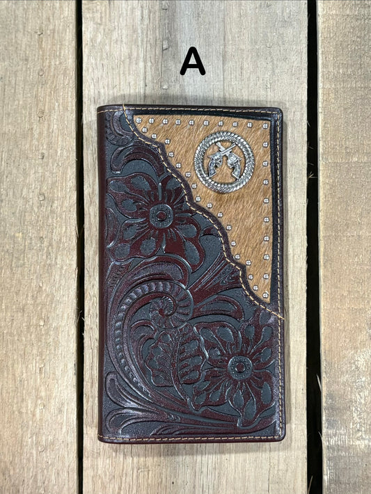 Coffee Brown leather wallet with floral embossing and silver studs on a white background