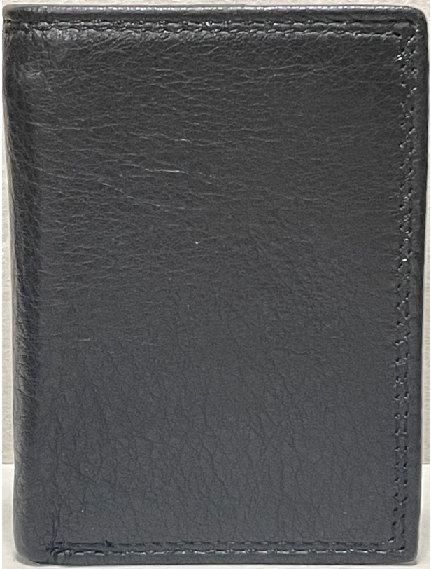 Black leather wallet with visible stitching on a white background