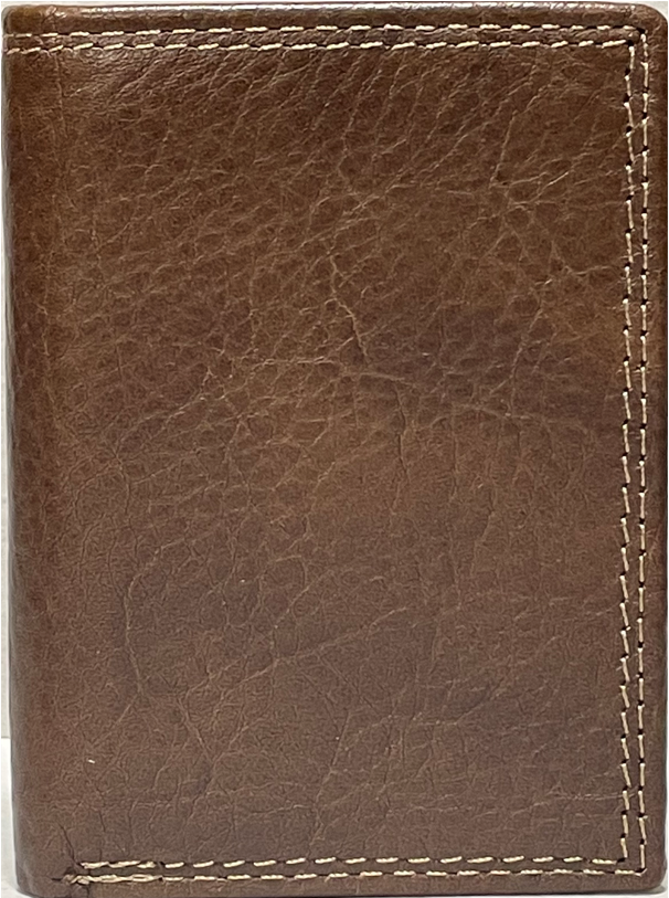 Close up of a Brown leather wallet with visible stitching on a white background