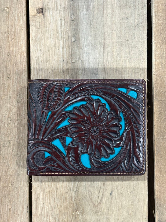 Coffee Brown leather wallet with floral design and turquoise inlay on a wooden background