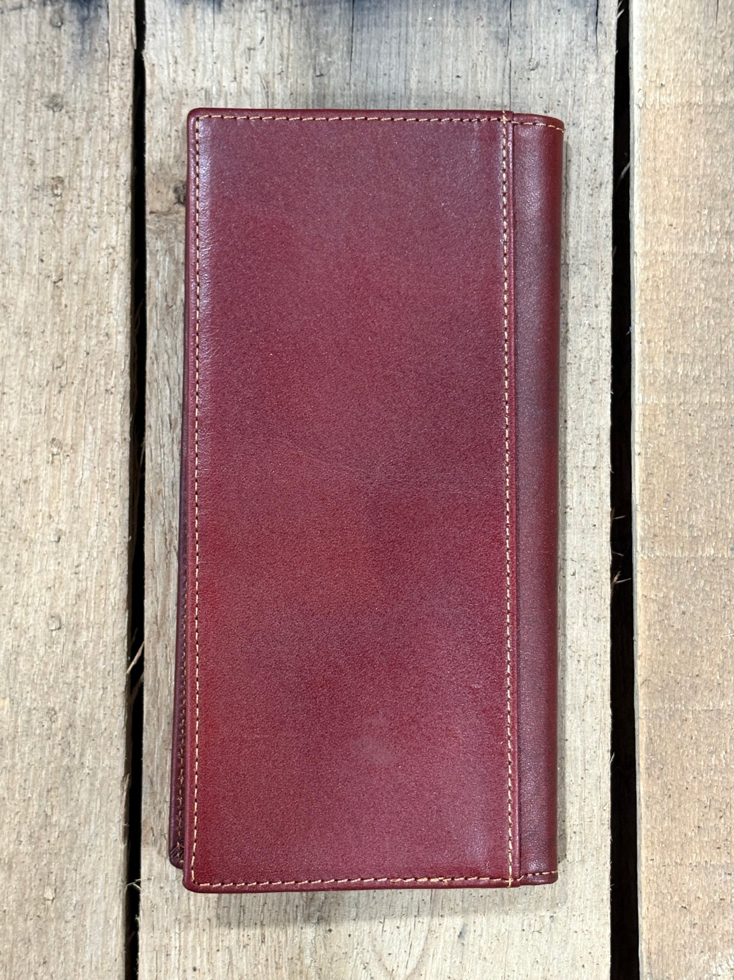 Brown leather wallet on a wooden surface