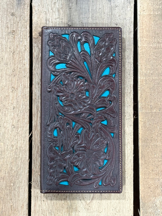 Coffee Brown leather wallet with intricate floral turquoise inlay designs on a wooden surface