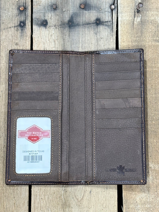 Inside View of Coffee Brown leather wallet with a brand label on a wooden surface