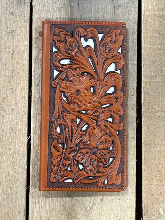 Light Brown leather wallet with intricate floral turquoise inlay designs on a wooden surface