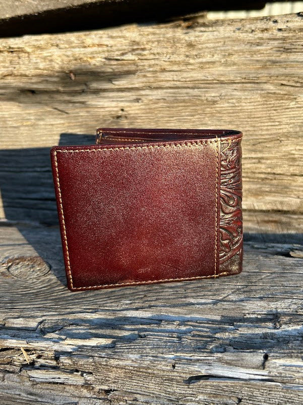 This Coffee Brown leather bifold wallet features a intricate tooled leather pattern with a Beige inlay. Rear view showing additional slot.