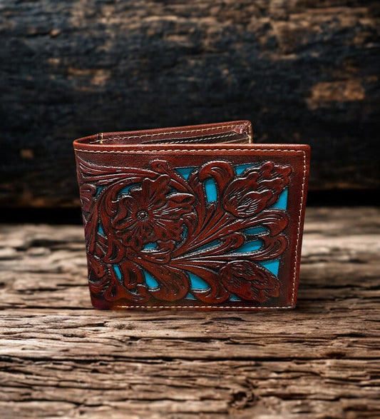 This Brown tooled leather bifold wallet has a Turquoise inlay. Front View
