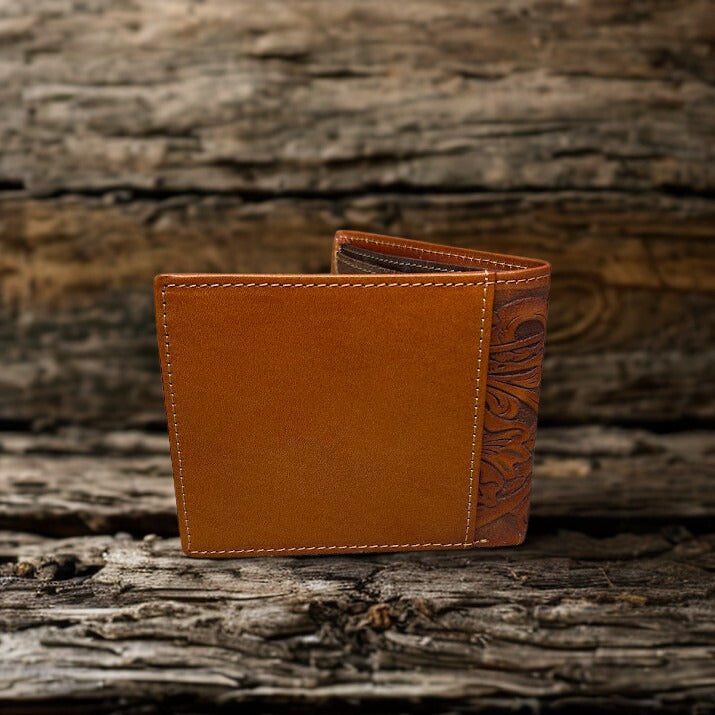 Light Brown tooled leather bifold wallet with a Turquoise inlay. Rear view showing additional card slot. 