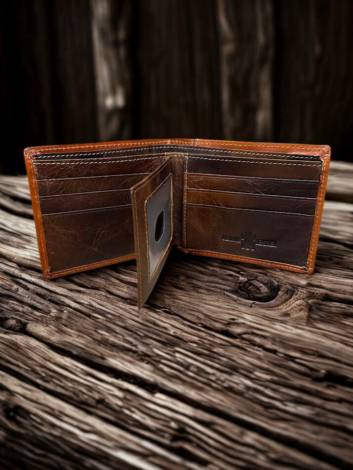 Light Brown tooled leather bifold wallet with a Turquoise inlay.  Inside view showing 6 card slots and a double ID window. 