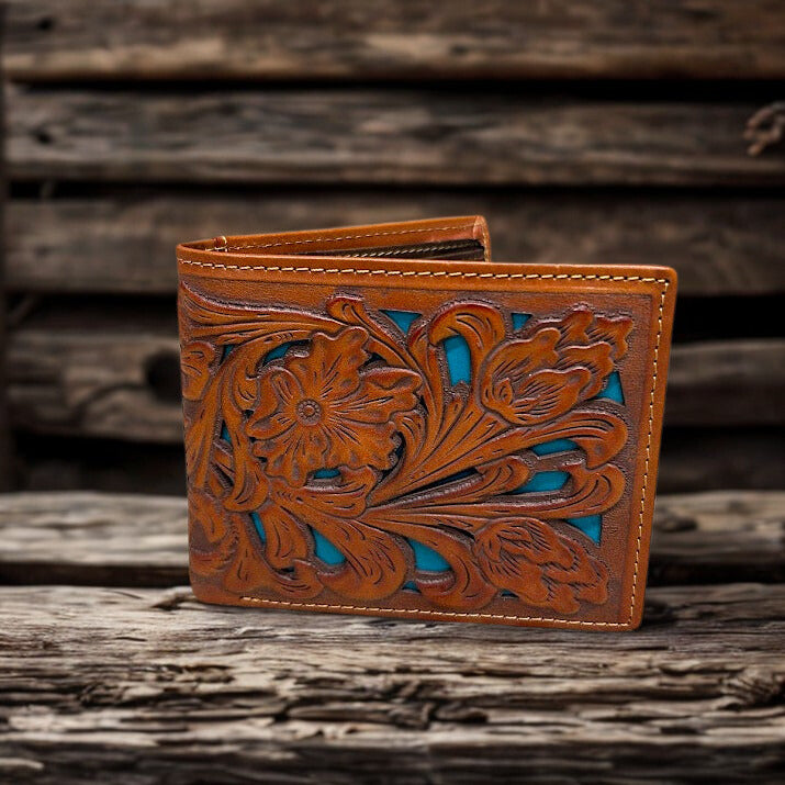 Light Brown tooled leather bifold wallet with a Turquoise inlay.  Front View