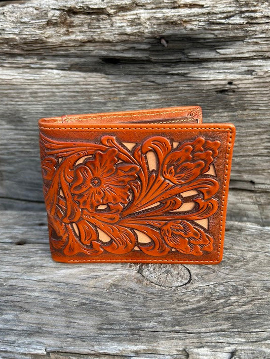 This Light Brown leather bifold wallet features a intricate tooled pattern over a  Beige inlay. Front View