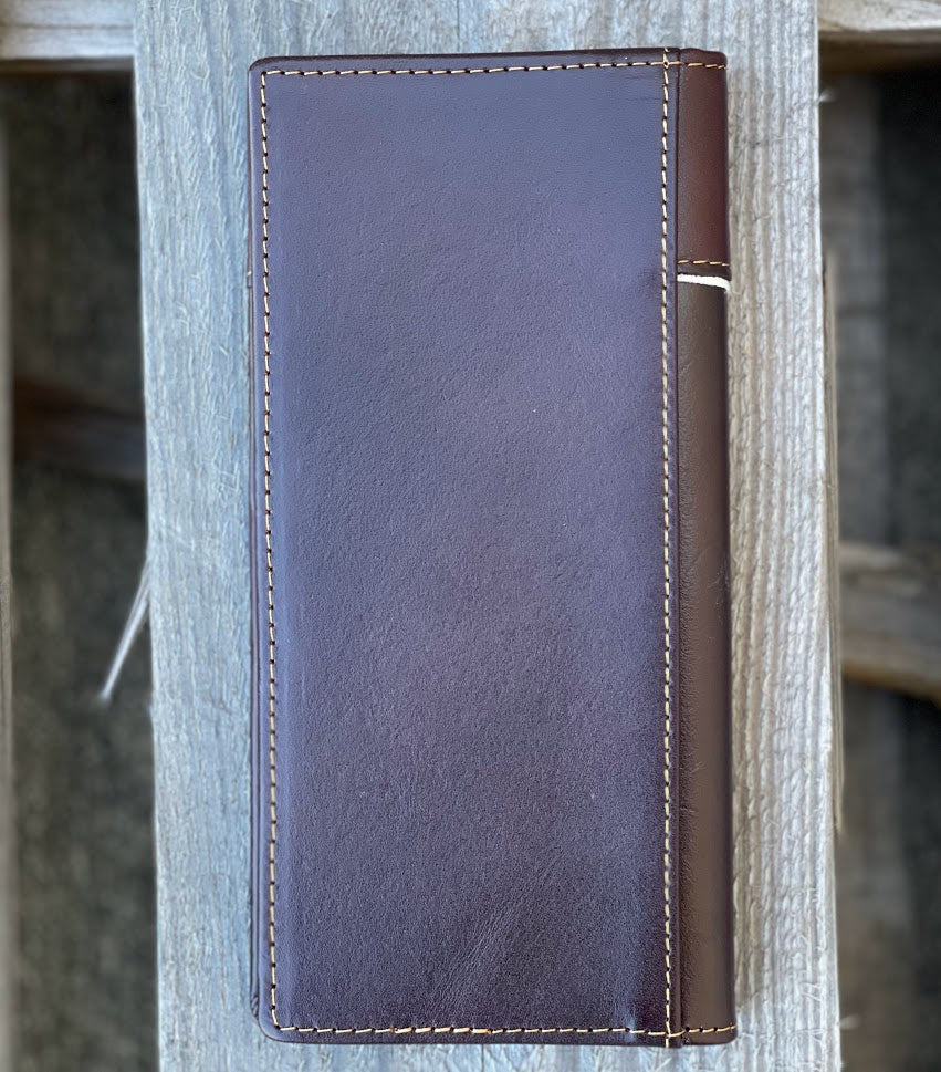 Coffee Brown leather wallet on a wooden surface