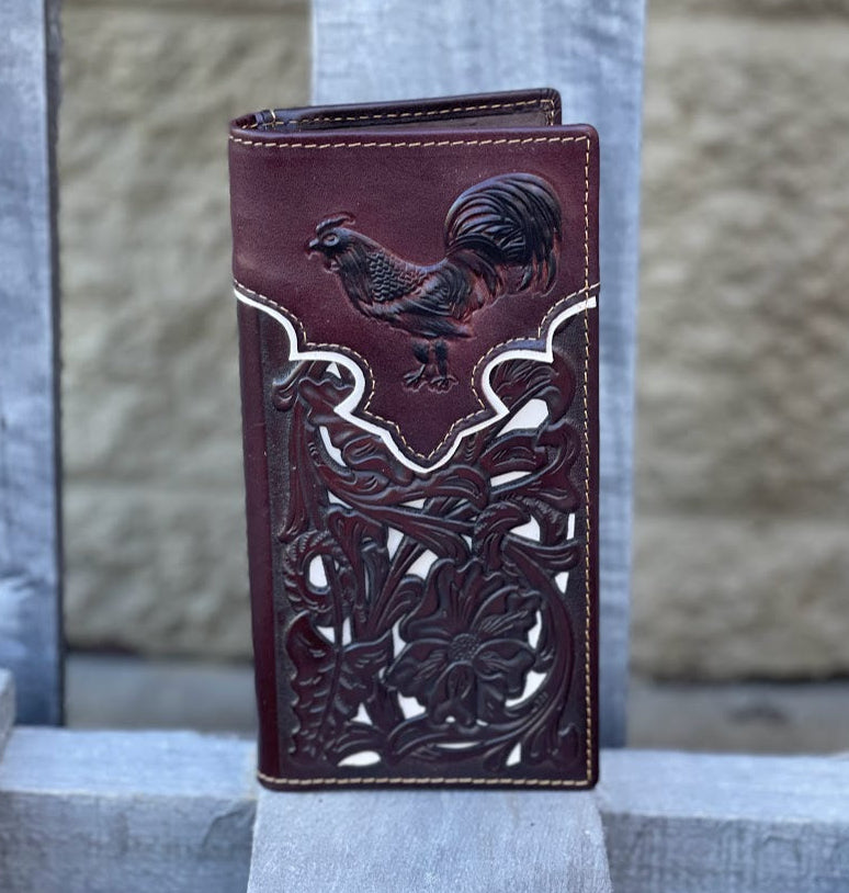 Coffee Brown leather wallet with rooster design on a stone surface