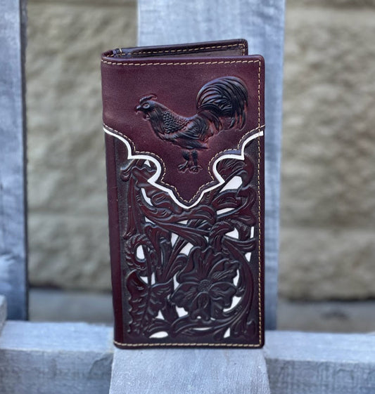 Coffee Brown leather wallet with rooster design on a stone surface